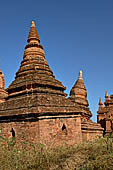 The cluster of red brick temples, named Khay-min-gha on the map on the North plain of Bagan. Myanmar. 